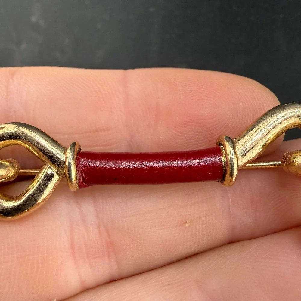 Vintage Brooch Equestrian Hook and Eye Gold Red Enamel  Pin